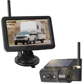 Magnetic Solar Wireless Backup Camera with 5" HD Monitor, No Wiring, Built-in 10,000mAh Battery, IP68 Waterproof,IR Night Vision Rearview Camera System for RV, Truck, Trailer, 5th Wheel, Skid Steer..