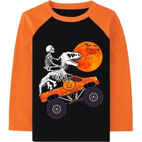DDSOL Boys Toddler Halloween Skeleton Shirt Dinosaur Monster Truck Long Sleeve T-Shirt Boo Pumpkin Tee Top Kid Clothes
