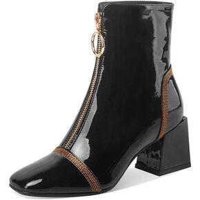 TinaCus Women's Patent Leather Square Toe Handmade Front Zipper Mid Chunky Heels Trendy Ankle Boots
