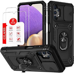 for Samsung Galaxy A32 5G [Not Fit A32 4G] Case with [2 Pack] Tempered Glass Screen Protector, Galaxy A32 5G Heavy Duty Armor [Military-Grade] Protective, with Magnetic Ring Stand Cover (Black)