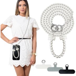 Phone Crossbody Lanyard Chain and Wrist Phone Strap, Universal Pearl Chain Shoulder Crossbody Lanyard with Phone Tether for Patches Compatible with Most Phones