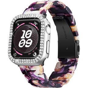 Resin Watch Bands Compatible with Apple Watch Band 40mm 41mm 44mm 45mm iWatch Watch Strap with Glitter Bling Protective Case Cover Wristband for Apple Watch Series 8 7 SE SE2 6 5 4