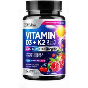 Vitamin D3 K2 – Chewable Vitamin D 5000 IU & K2 MK-7 100 mcg – 2 in 1 Vitamin D K2 Supplement Chews - Immune, Heart, & Bone Support – Non GMO - Tasty Berry Flavor - 120 Chewable Tablets