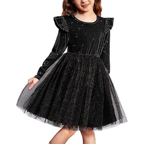 Arshiner Toddler Tutu Dresses Little Girls Velvet Tulle Fall Winter Long Sleeve Ruffle Holiday Party Dress 2-6Y