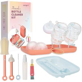 Travel Baby Bottle Multifunctional Cleaning Kit 10-in-1 Travel Bottle Cleaner Kit with Drying Rack, Soap Dispenser, Straw Cleaner Brush, Nipple Brush with Added 3-in-1 Cup Lid Brush & Storage Box