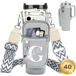 LOKASS for Stanley Cup Accessories 40 oz Water Bottle Carrier Bag with Phone Pocket for Stanley Tumbler Holder with Strap, Personalized Gifts with Floral Initial A-Z for Women/Girls/Stanley Cup Fans