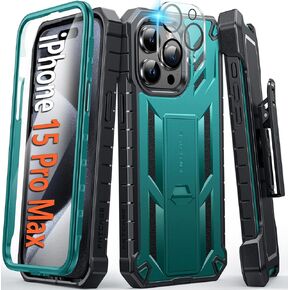 FNTCASE for iPhone 15-Pro-Max Phone Case 6.7", Built-in Screen Protector & Kickstand & Belt-Clip Heavy Duty Military Grade Shockproof Protection Rugged Case - Black