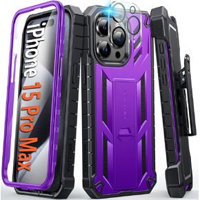 حافظة هاتف FNTCASE لهاتف iPhone 15-Pro-Max مقاس 6.7 بوصة، واقي شاشة مدمج ومسند ومشبك حزام، حافظة متينة للحماية من الصدمات من الدرجة العسكرية - أسود