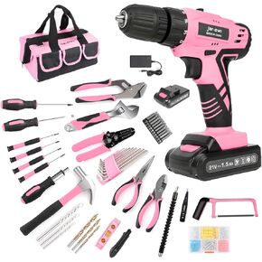 Pink 21V Cordless Drill Set for Women Ladies Girl,Complete Full Home Power Tool Kit with Battery and Charger,Jar-owl Household Tool Bag Set with Electric Drill Driver for Garden Office Repair Maintain