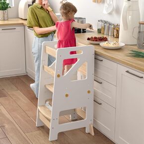 Sephyroth Adjustable Toddler Standing Tower – Complete Toddler Kitchen Stool Helper with Safety Rail – Ideal Kids Learning Step Stool for Cooking, Cleaning & More – Sturdy Wooden Design(White)