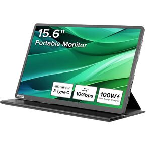 Plugable USB C Portable Monitor 15.6 Inch, 100W Pass-Through Charging for Your Laptop Smartphone Tablet, 3x USB-C 10Gbps Hub FHD 1920x1080 IPS Travel Display 1.85lbs, Protective Case/Stand, USBC-PDMON