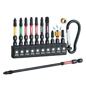 toolant Square Drive Bit Set, Square Impact Driver bits S2 Steel, Robertson Driver Bits Magnetic CNC Tips, Square 2 Impact Bit 1/4" Hex-Shank with Storage Box, 10pcs SQ2 6" Long