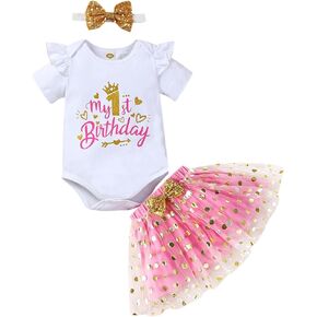 Baby Girls 1st First Birthday Outfits Cotton Romper TuTu Skirt Set with Sequins Bowknot Headband 3Pcs