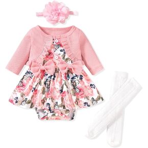 Unutiylo Baby Girl Fall Winter Outfit Dress Floral Print Long Sleeve Romper Clothes with Headband