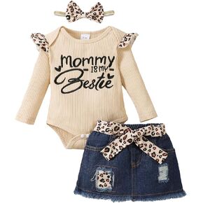 Kucnuzki Baby Girl Clothes Newborn Baby Girl Outfit Long Sleeve Romper Jean Denim Skirt Set Infant Baby Clothe for Girls