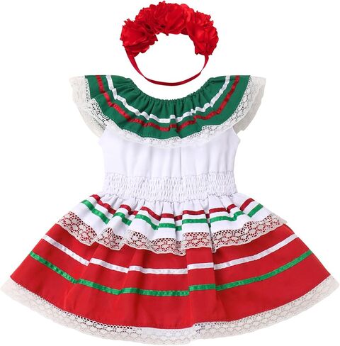 FYMNSI Baby Girls Mexican Romper Dress with Floral Headband Toddler Ruffle Lace Casual Mexico Traditional Folk Drape Dresses in Saudi Arabia