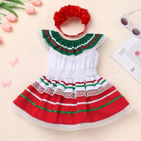 FYMNSI Baby Girls Mexican Romper Dress with Floral Headband Toddler Ruffle Lace Casual Mexico Traditional Folk Drape Dresses in Saudi Arabia