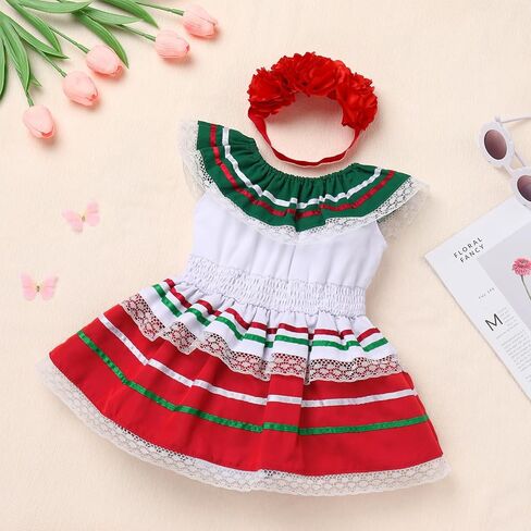 FYMNSI Baby Girls Mexican Romper Dress with Floral Headband Toddler Ruffle Lace Casual Mexico Traditional Folk Drape Dresses in Saudi Arabia