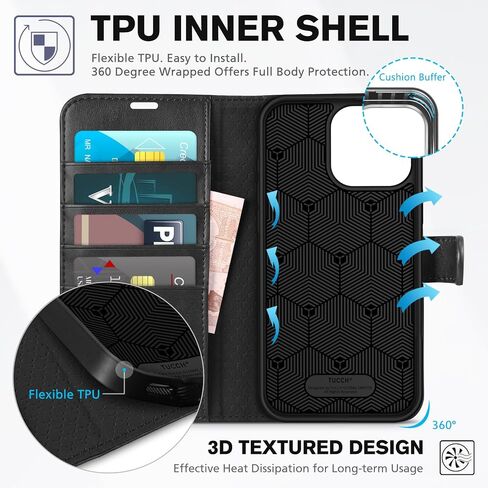 TUCCH Case Wallet for iPhone 16 Pro Max, RFID Blocking [4 Card Holder] Kickstand Shockproof TPU Interior Case, PU Leather Magnetic Flip Folio Cover Compatible with iPhone 16 Pro Max 2024, Black in Saudi Arabia