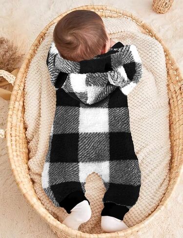 Baby Boy Clothes Winter Snowsuit Plaid Fleece Jumpsuit Bear Ear Hooded Romper Zipper Onesie Warm Infant Coat Outfit in Kuwait