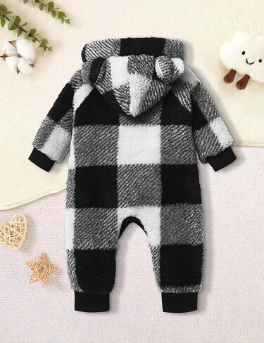Baby Boy Clothes Winter Snowsuit Plaid Fleece Jumpsuit Bear Ear Hooded Romper Zipper Onesie Warm Infant Coat Outfit in Kuwait