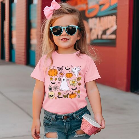 IZYJOY Toddler Baby Girl Halloween Shirt Cute Ghost Pumpkin Floral T-Shirt Kids Spooky Season Short Sleeve Tee Fall Tops in Kuwait
