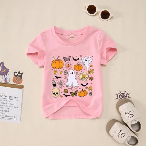 IZYJOY Toddler Baby Girl Halloween Shirt Cute Ghost Pumpkin Floral T-Shirt Kids Spooky Season Short Sleeve Tee Fall Tops in Kuwait