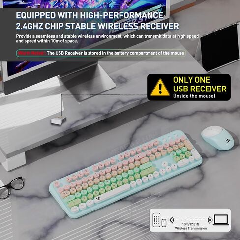Wireless Keyboard and Mouse Combo, 2.4 GHz Wireless Full-Sized Typewriter Keyboard with Round Keycaps for Windows, Computer, Desktop, PC, Laptop (Ice Cream) in Saudi Arabia