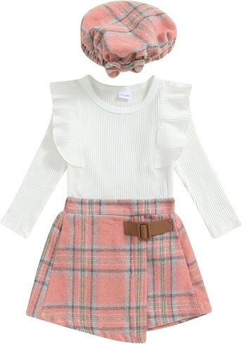 Madjtlqy Fall Baby Girl Clothes Set Ruffles Tops + Plaid Skirt + Hat Toddler Winter Outfit 12 18 24 Months 2t 3t 4t in Saudi Arabia