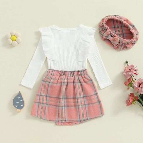 Madjtlqy Fall Baby Girl Clothes Set Ruffles Tops + Plaid Skirt + Hat Toddler Winter Outfit 12 18 24 Months 2t 3t 4t in Saudi Arabia