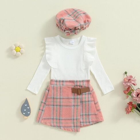 Madjtlqy Fall Baby Girl Clothes Set Ruffles Tops + Plaid Skirt + Hat Toddler Winter Outfit 12 18 24 Months 2t 3t 4t in Saudi Arabia
