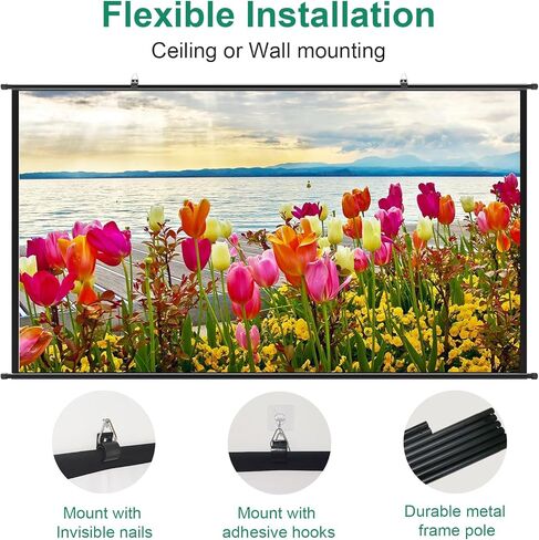 Projection Screen Black Backing 16: 9 Hanging Projector Screen 100" Indoor Movie Screen with 4K Full HD 3D Projector Screen Wall mounting Pull Down Screen for Office presentations Home Theater in Kuwait