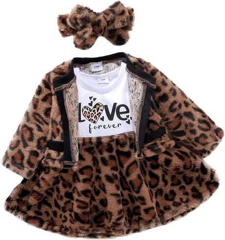 Toddler Baby Girls Leopard Outfits Princess Birthday Long Sleeve Leopard Dress Cardigan Coat Headband Winter Clothes in Saudi Arabia