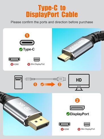 كابل USB C بطول 2 متر إلى DisplayPort 1.4 [8K@60 هرتز، 5K@60 هرتز، 4K@144 هرتز/120 هرتز/60 هرتز، 2K@240 هرتز/165 هرتز] نوع C Thunderbolt 3/4 إلى HBR3 32.4 جيجابت في الثانية DP1.4 كابل لـ M2 MacBook Pro/Air ,2022 آيباد برو، ديل XPS in Saudi Arabia