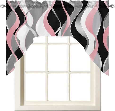 Pink Black Kitchen Curtains Swag Valance and Tier Curtains Set 24 Inch Length, Geometric Contemporary Grey White Stripe Rod Pocket Drape Panels Pair Swag Curtains for Bathroom/Cafe/Window in Kuwait