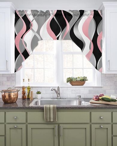 Pink Black Kitchen Curtains Swag Valance and Tier Curtains Set 24 Inch Length, Geometric Contemporary Grey White Stripe Rod Pocket Drape Panels Pair Swag Curtains for Bathroom/Cafe/Window in Kuwait