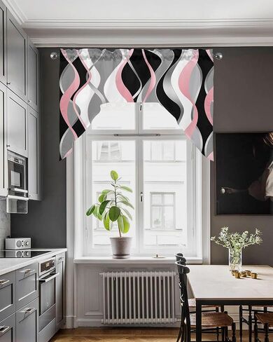 Pink Black Kitchen Curtains Swag Valance and Tier Curtains Set 24 Inch Length, Geometric Contemporary Grey White Stripe Rod Pocket Drape Panels Pair Swag Curtains for Bathroom/Cafe/Window in Kuwait