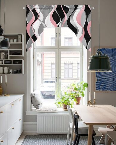 Pink Black Kitchen Curtains Swag Valance and Tier Curtains Set 24 Inch Length, Geometric Contemporary Grey White Stripe Rod Pocket Drape Panels Pair Swag Curtains for Bathroom/Cafe/Window in Kuwait