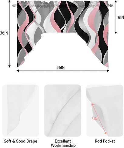 Pink Black Kitchen Curtains Swag Valance and Tier Curtains Set 24 Inch Length, Geometric Contemporary Grey White Stripe Rod Pocket Drape Panels Pair Swag Curtains for Bathroom/Cafe/Window in Kuwait