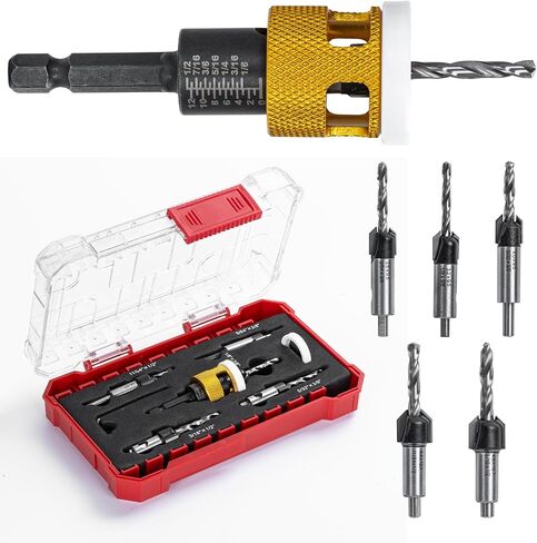 5 Pcs Countersink Drill Bit Set: Replaceable HSS M2 Tapered Bits - 82° Counter Bore with Adjustable Depth Stop, Carbide Drill Bits 1/4" Hex Shank for Wood, Plastic, Woodworking in Saudi Arabia