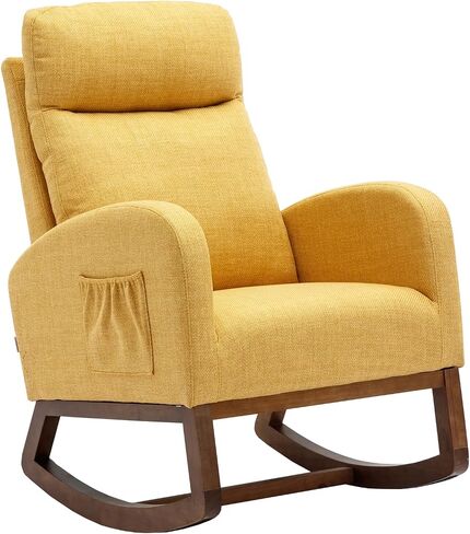 Goohome Rocking Chair, Linen Upholstered Glider Rocker for Nursery Comfy Armchair with Safe Solid Wood Base & Side Pocket for Living Room Bedroom Balcony Home Office in Saudi Arabia