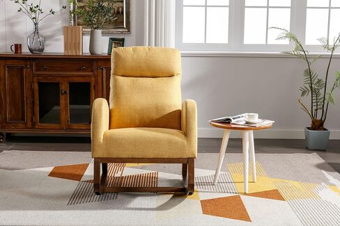 Goohome Rocking Chair, Linen Upholstered Glider Rocker for Nursery Comfy Armchair with Safe Solid Wood Base & Side Pocket for Living Room Bedroom Balcony Home Office in Saudi Arabia