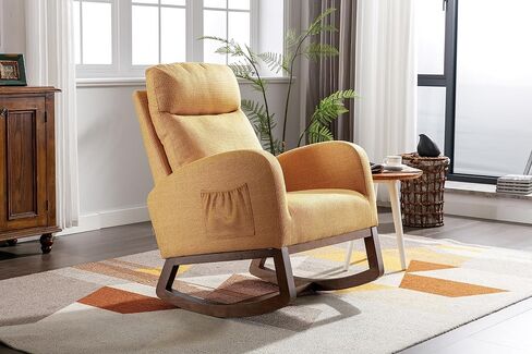Goohome Rocking Chair, Linen Upholstered Glider Rocker for Nursery Comfy Armchair with Safe Solid Wood Base & Side Pocket for Living Room Bedroom Balcony Home Office in Saudi Arabia