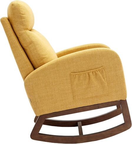 Goohome Rocking Chair, Linen Upholstered Glider Rocker for Nursery Comfy Armchair with Safe Solid Wood Base & Side Pocket for Living Room Bedroom Balcony Home Office in Saudi Arabia
