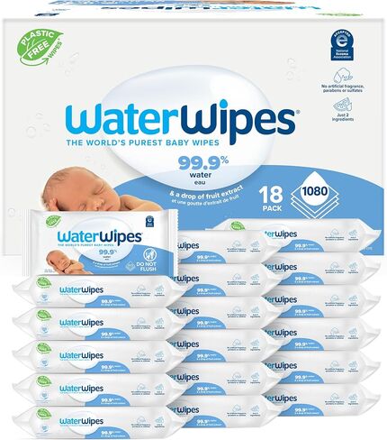 مناديل مبللة للأطفال أصلية خالية من البلاستيك من WaterWipes، مناديل مبللة مائية بنسبة 99.9%، غير معطرة ولا تسبب الحساسية للبشرة الحساسة، عدد 1080 (18 عبوة) in Kuwait