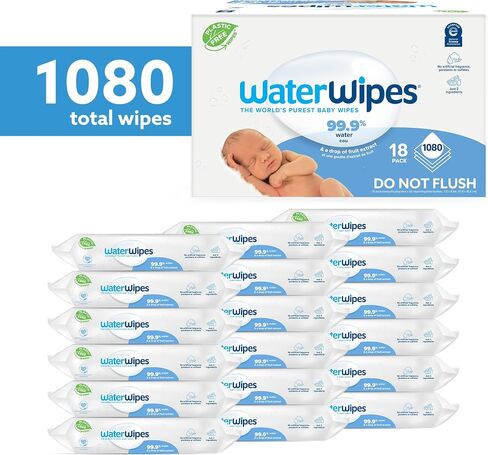 مناديل مبللة للأطفال أصلية خالية من البلاستيك من WaterWipes، مناديل مبللة مائية بنسبة 99.9%، غير معطرة ولا تسبب الحساسية للبشرة الحساسة، عدد 1080 (18 عبوة) in Kuwait