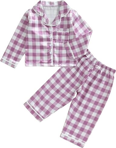 Girls Silk Pajamas Baby Plaid Print Button Up Long Sleeves Shirt + Elastic Pants Loungewear Toddler Sleepwear in Saudi Arabia