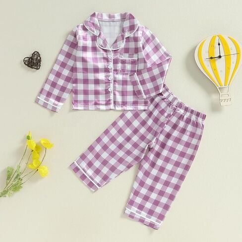 Girls Silk Pajamas Baby Plaid Print Button Up Long Sleeves Shirt + Elastic Pants Loungewear Toddler Sleepwear in Saudi Arabia