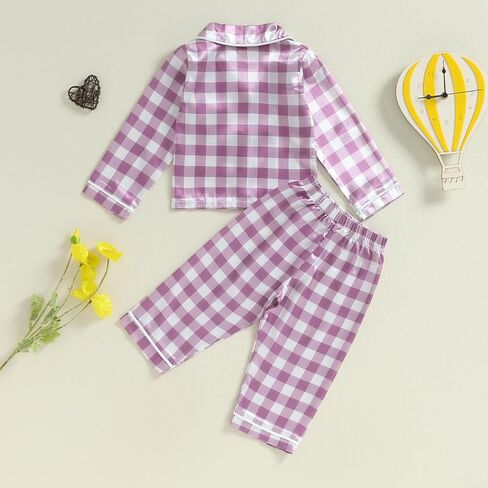 Girls Silk Pajamas Baby Plaid Print Button Up Long Sleeves Shirt + Elastic Pants Loungewear Toddler Sleepwear in Saudi Arabia