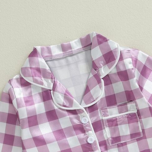 Girls Silk Pajamas Baby Plaid Print Button Up Long Sleeves Shirt + Elastic Pants Loungewear Toddler Sleepwear in Saudi Arabia
